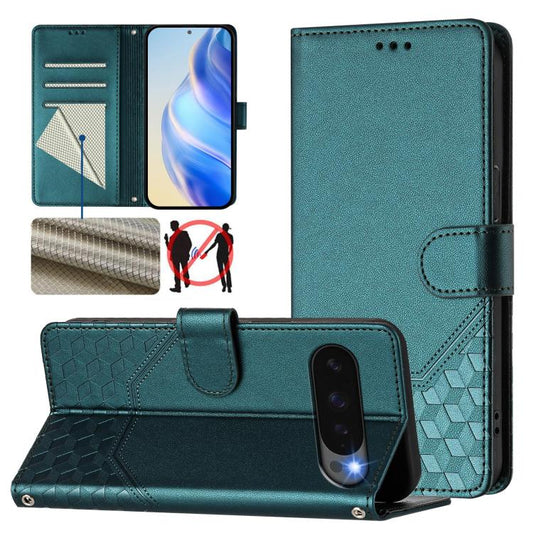 For Google Pixel 10 5G / 10 Pro 5G Global Honeycomb Embossing RFID Leather Phone Case(Peacock Green) - Google Cases by buy2fix | Online Shopping UK | buy2fix