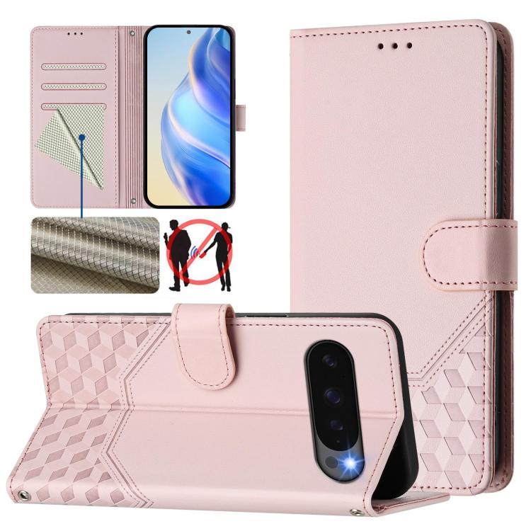 For Google Pixel 10 Pro XL 5G Global Honeycomb Embossing RFID Leather Phone Case(Pink) - Google Cases by buy2fix | Online Shopping UK | buy2fix