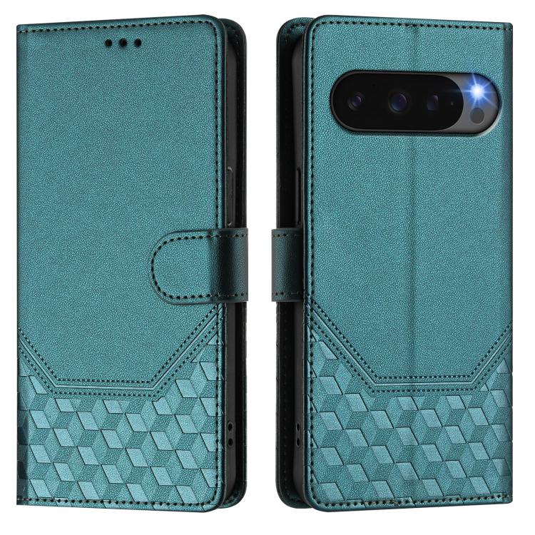 For Google Pixel 10 Pro XL 5G Global Honeycomb Embossing RFID Leather Phone Case(Peacock Green) - Google Cases by buy2fix | Online Shopping UK | buy2fix
