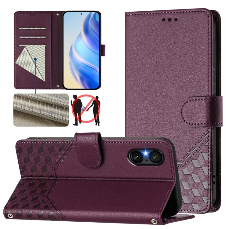 For Sony Xperia 5 VI 2024 Honeycomb Embossing RFID Leather Phone Case(Violet) - Sony Cases by buy2fix | Online Shopping UK | buy2fix