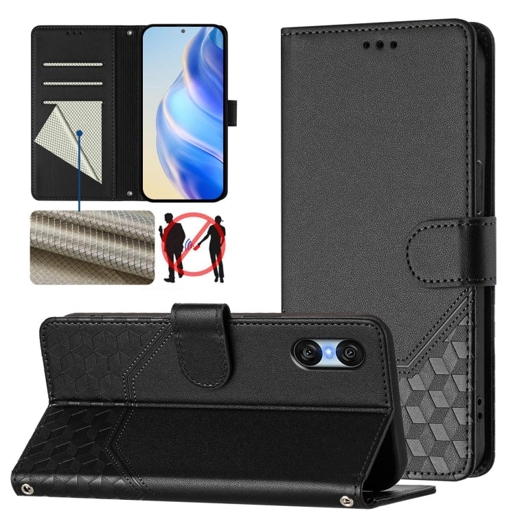 For Sony Xperia 10 VI 2024 Honeycomb Embossing RFID Leather Phone Case(Black) - Sony Cases by buy2fix | Online Shopping UK | buy2fix