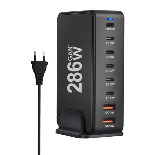 YMX-986 286W 6Type-C, 3USB 8-Ports Desktop Fast Charger, Plug Type:EU Plug(Black) - Multifunction Charger by buy2fix | Online Shopping UK | buy2fix