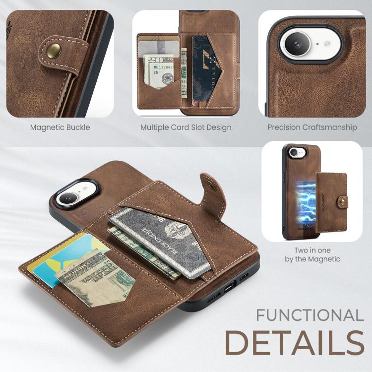 For iPhone 16e JEEHOOD J01 Retro Magnetic Detachable Wallet Phone Case(Brown) - iPhone 16e Cases by JEEHOOD | Online Shopping UK | buy2fix
