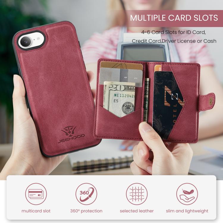 For iPhone 16e JEEHOOD J01 Retro Magnetic Detachable Wallet Phone Case(Red) - iPhone 16e Cases by JEEHOOD | Online Shopping UK | buy2fix