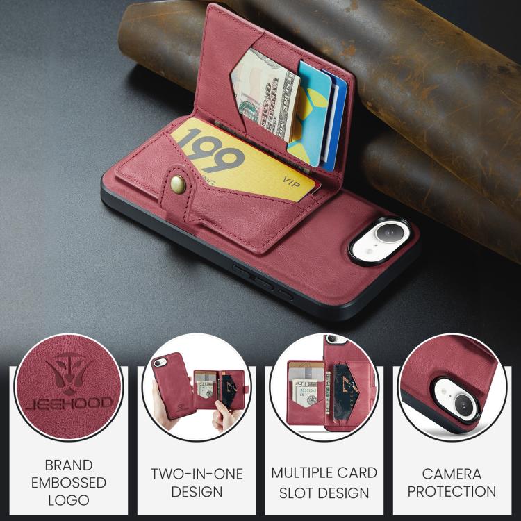 For iPhone 16e JEEHOOD J01 Retro Magnetic Detachable Wallet Phone Case(Red) - iPhone 16e Cases by JEEHOOD | Online Shopping UK | buy2fix