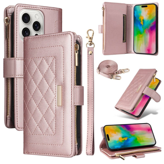 For iPhone 16 Pro Crossbody Zipper Wallet Rhombus Leather Phone Case(Rose Gold) by buy2fix