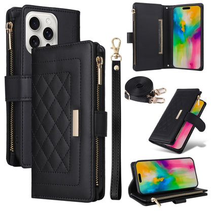 For iPhone 16 Pro Crossbody Zipper Wallet Rhombus Leather Phone Case(Black) - iPhone 16 Pro Cases by buy2fix | Online Shopping UK | buy2fix