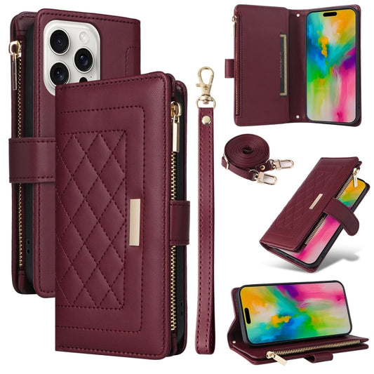 For iPhone 16 Pro Crossbody Zipper Wallet Rhombus Leather Phone Case(Wine Red) by buy2fix
