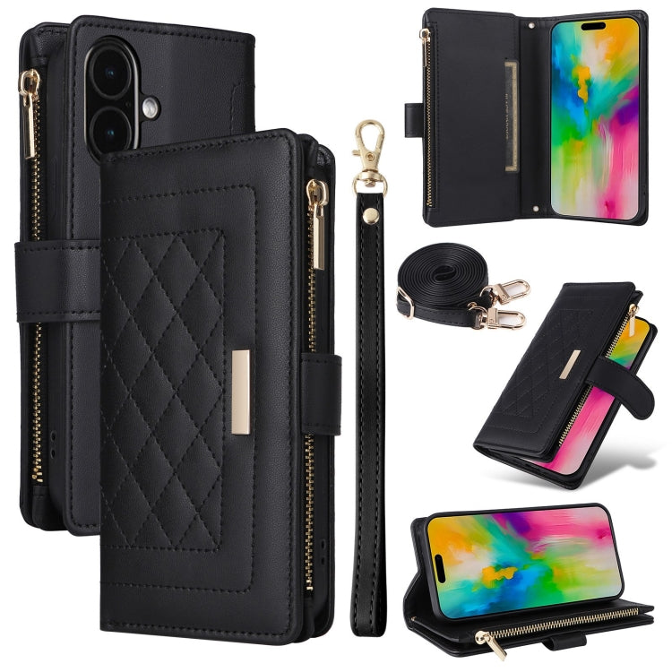 For iPhone 16 Plus Crossbody Zipper Wallet Rhombus Leather Phone Case(Black) by buy2fix