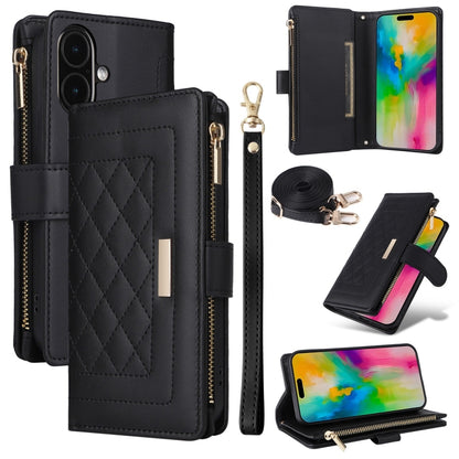 For iPhone 16 Plus Crossbody Zipper Wallet Rhombus Leather Phone Case(Black) by buy2fix