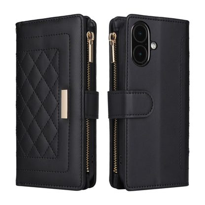 For iPhone 16 Plus Crossbody Zipper Wallet Rhombus Leather Phone Case(Black) by buy2fix