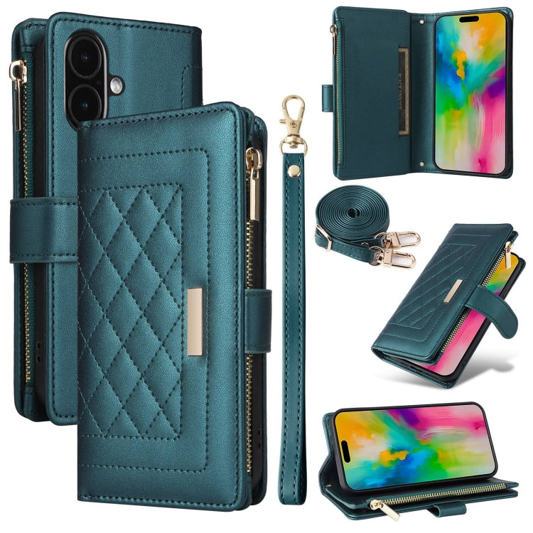 For iPhone 16 Plus Crossbody Zipper Wallet Rhombus Leather Phone Case(Green) by buy2fix