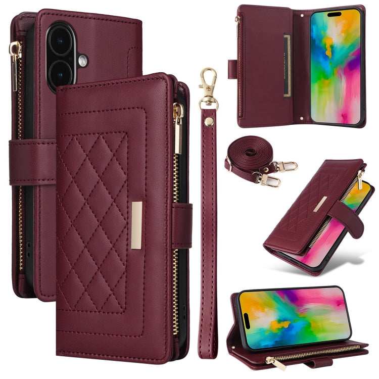For iPhone 16 Plus Crossbody Zipper Wallet Rhombus Leather Phone Case(Wine Red) by buy2fix