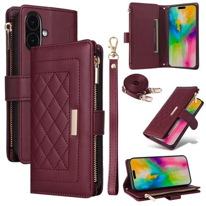 For iPhone 16 Plus Crossbody Zipper Wallet Rhombus Leather Phone Case(Wine Red) by buy2fix