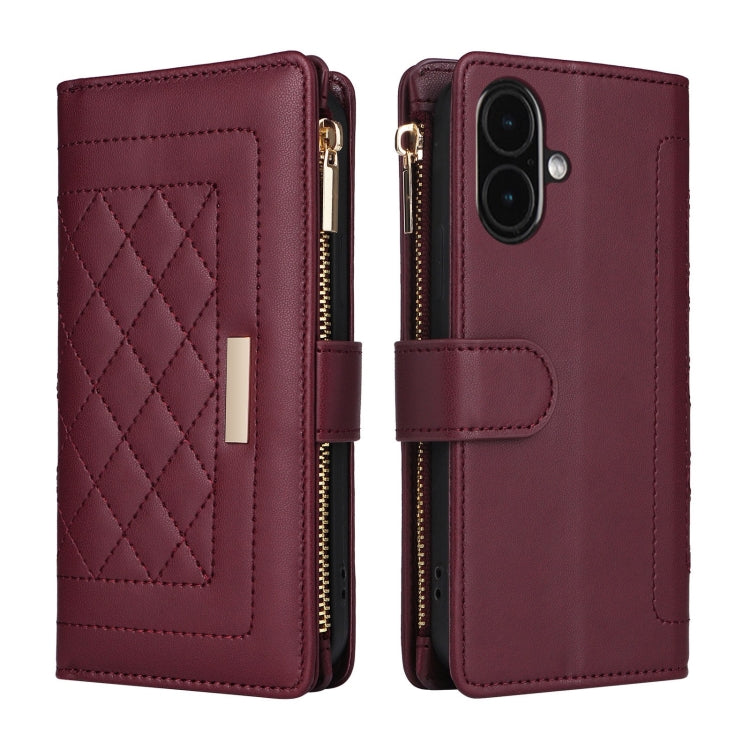 For iPhone 16 Plus Crossbody Zipper Wallet Rhombus Leather Phone Case(Wine Red) by buy2fix
