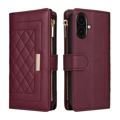 For iPhone 16 Plus Crossbody Zipper Wallet Rhombus Leather Phone Case(Wine Red) by buy2fix
