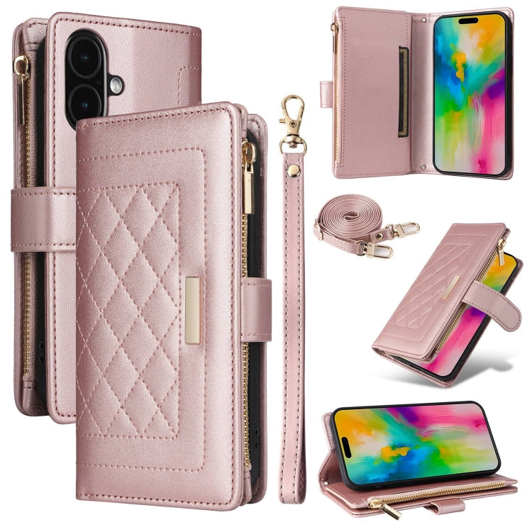 For iPhone 16 Crossbody Zipper Wallet Rhombus Leather Phone Case(Rose Gold) by buy2fix