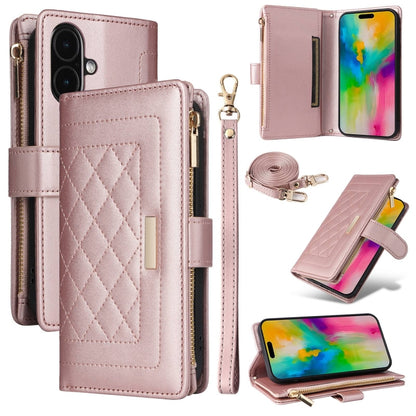For iPhone 16 Crossbody Zipper Wallet Rhombus Leather Phone Case(Rose Gold) by buy2fix