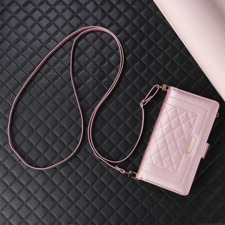 For iPhone 16 Crossbody Zipper Wallet Rhombus Leather Phone Case(Rose Gold) by buy2fix
