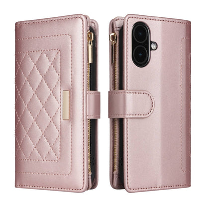 For iPhone 16 Crossbody Zipper Wallet Rhombus Leather Phone Case(Rose Gold) by buy2fix
