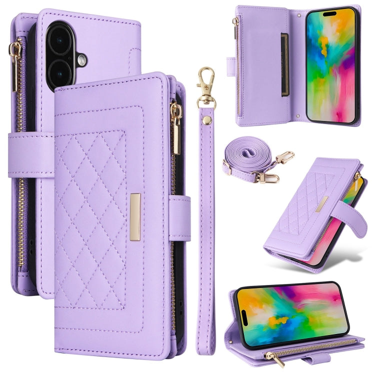 For iPhone 16 Crossbody Zipper Wallet Rhombus Leather Phone Case(Purple) - iPhone 16 Cases by buy2fix | Online Shopping UK | buy2fix