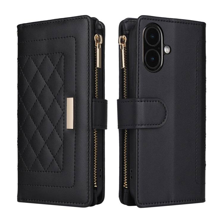 For iPhone 16 Crossbody Zipper Wallet Rhombus Leather Phone Case(Black) - iPhone 16 Cases by buy2fix | Online Shopping UK | buy2fix