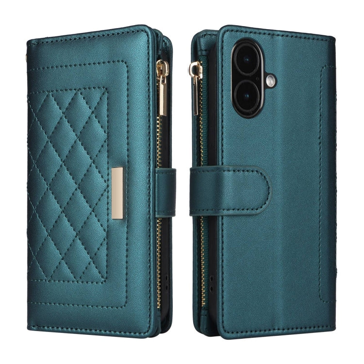 For iPhone 16 Crossbody Zipper Wallet Rhombus Leather Phone Case(Green) - iPhone 16 Cases by buy2fix | Online Shopping UK | buy2fix