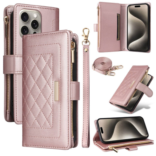 For iPhone 15 Pro Max Crossbody Zipper Wallet Rhombus Leather Phone Case(Rose Gold) - iPhone 15 Pro Max Cases by buy2fix | Online Shopping UK | buy2fix