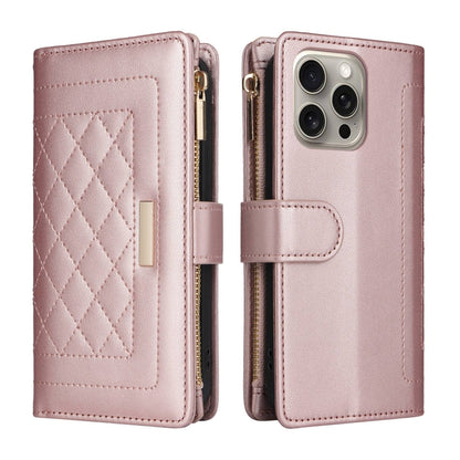 For iPhone 15 Pro Max Crossbody Zipper Wallet Rhombus Leather Phone Case(Rose Gold) - iPhone 15 Pro Max Cases by buy2fix | Online Shopping UK | buy2fix