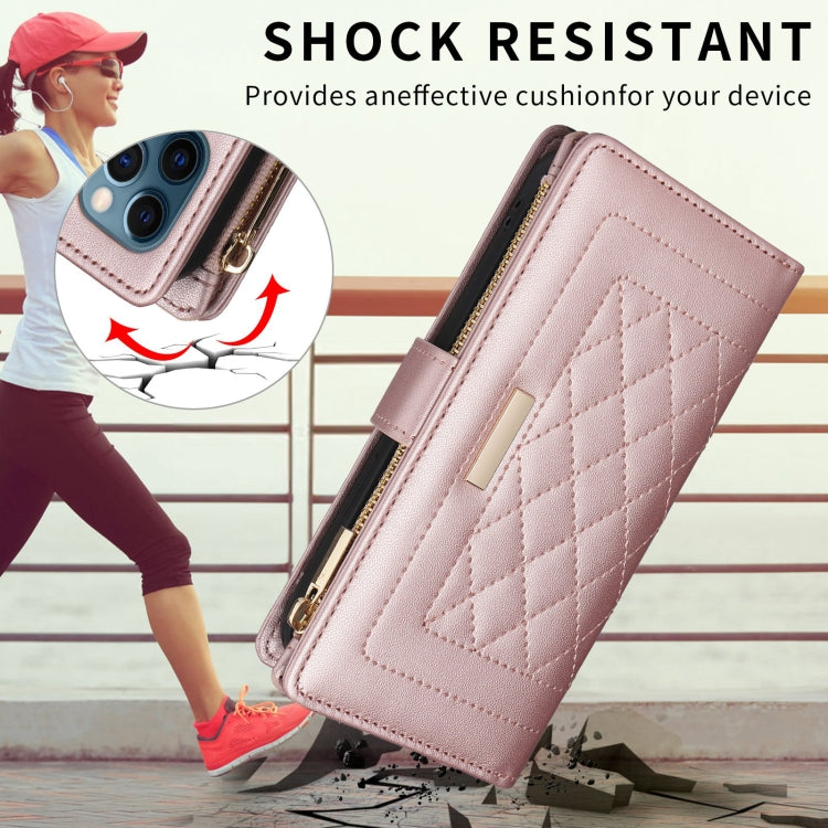 For iPhone 15 Pro Max Crossbody Zipper Wallet Rhombus Leather Phone Case(Rose Gold) - iPhone 15 Pro Max Cases by buy2fix | Online Shopping UK | buy2fix