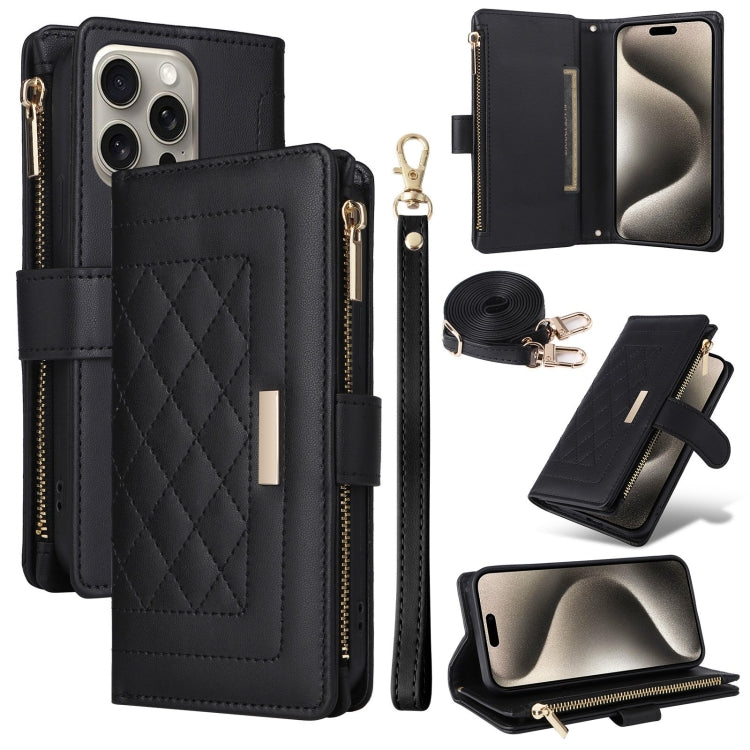 For iPhone 15 Pro Max Crossbody Zipper Wallet Rhombus Leather Phone Case(Black) - iPhone 15 Pro Max Cases by buy2fix | Online Shopping UK | buy2fix