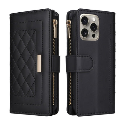 For iPhone 15 Pro Max Crossbody Zipper Wallet Rhombus Leather Phone Case(Black) - iPhone 15 Pro Max Cases by buy2fix | Online Shopping UK | buy2fix