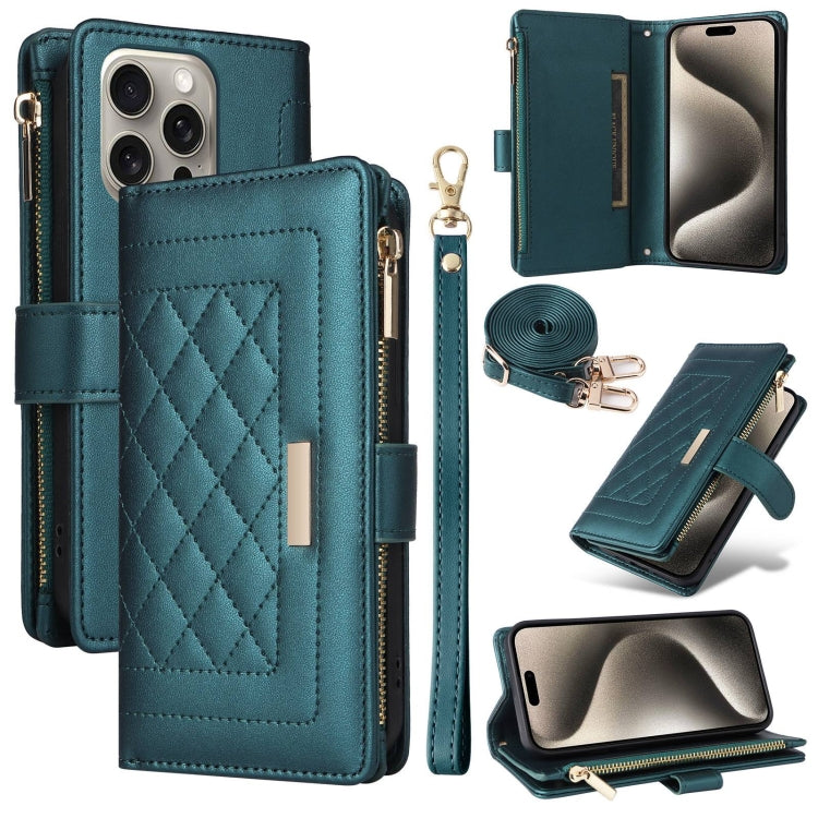 For iPhone 15 Pro Max Crossbody Zipper Wallet Rhombus Leather Phone Case(Green) - iPhone 15 Pro Max Cases by buy2fix | Online Shopping UK | buy2fix