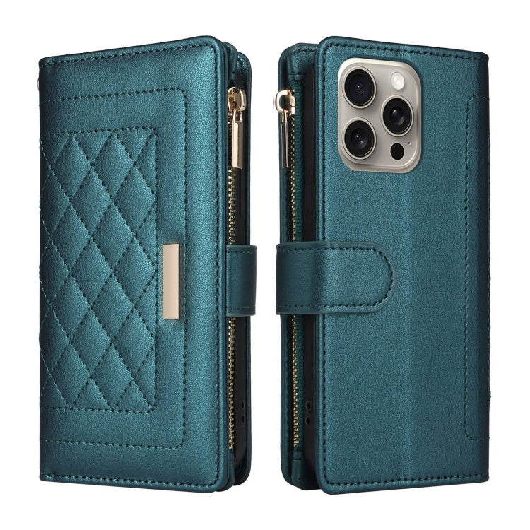 For iPhone 15 Pro Max Crossbody Zipper Wallet Rhombus Leather Phone Case(Green) - iPhone 15 Pro Max Cases by buy2fix | Online Shopping UK | buy2fix