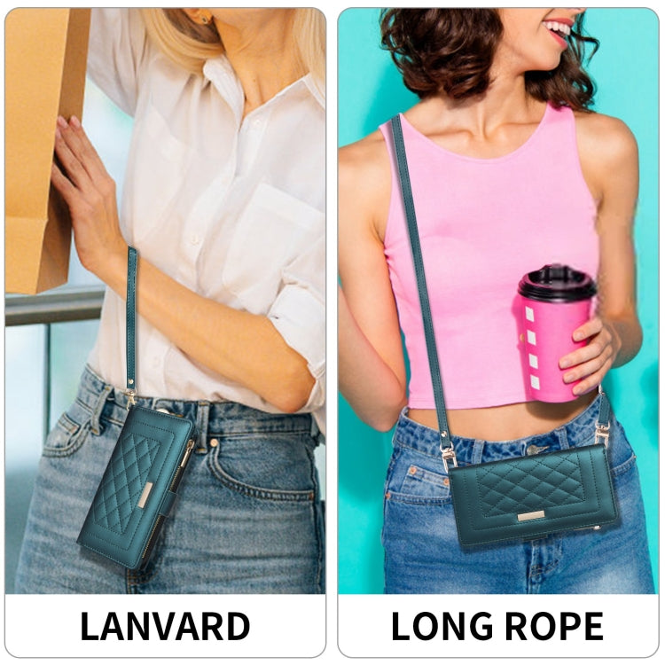 For iPhone 15 Pro Max Crossbody Zipper Wallet Rhombus Leather Phone Case(Green) - iPhone 15 Pro Max Cases by buy2fix | Online Shopping UK | buy2fix