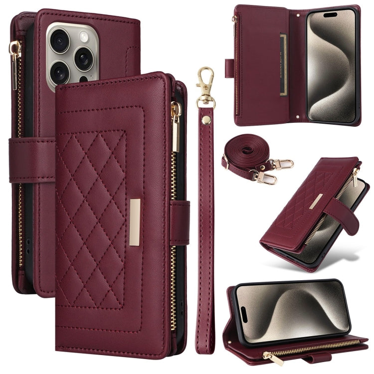 For iPhone 15 Pro Max Crossbody Zipper Wallet Rhombus Leather Phone Case(Wine Red) - iPhone 15 Pro Max Cases by buy2fix | Online Shopping UK | buy2fix