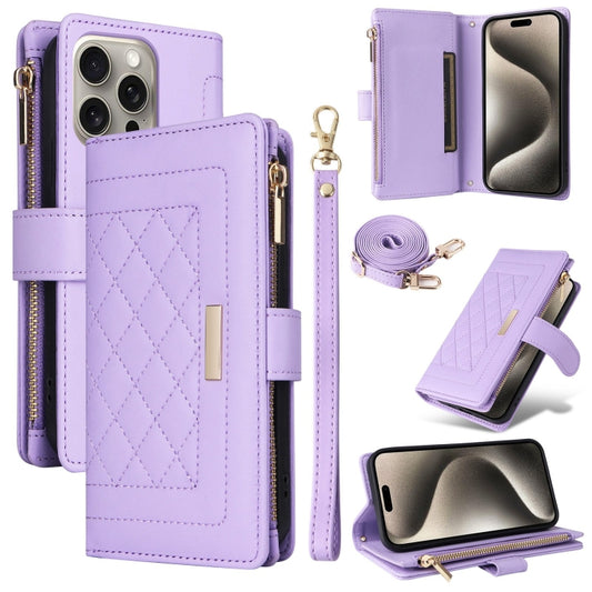 For iPhone 15 Pro Crossbody Zipper Wallet Rhombus Leather Phone Case(Purple) - iPhone 15 Pro Cases by buy2fix | Online Shopping UK | buy2fix
