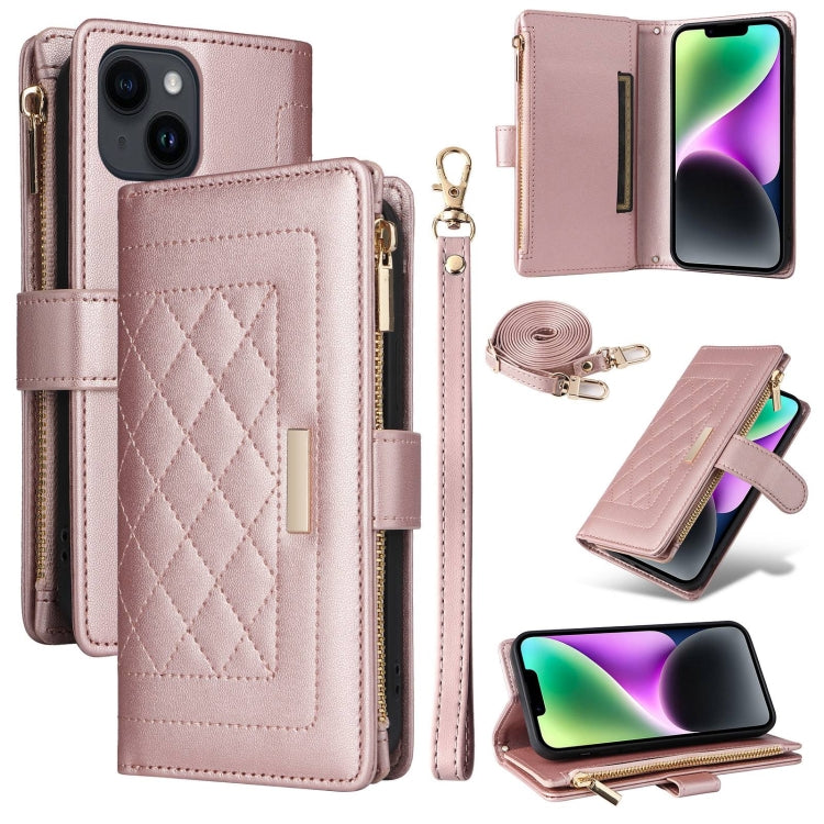 For iPhone 15 Plus / 14 Plus Crossbody Zipper Wallet Rhombus Leather Phone Case(Rose Gold) - iPhone 15 Plus Cases by buy2fix | Online Shopping UK | buy2fix