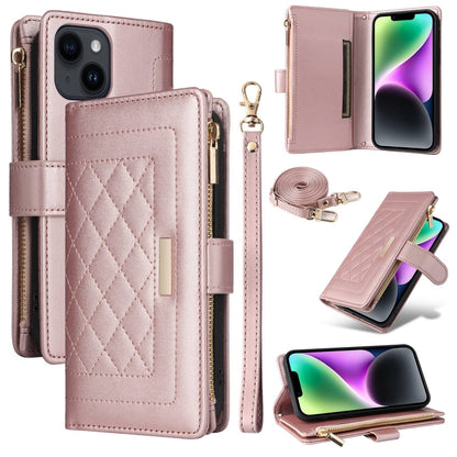 For iPhone 15 Plus / 14 Plus Crossbody Zipper Wallet Rhombus Leather Phone Case(Rose Gold) - iPhone 15 Plus Cases by buy2fix | Online Shopping UK | buy2fix