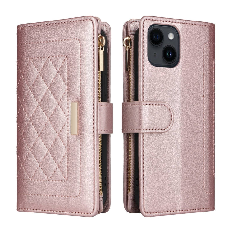 For iPhone 15 Plus / 14 Plus Crossbody Zipper Wallet Rhombus Leather Phone Case(Rose Gold) - iPhone 15 Plus Cases by buy2fix | Online Shopping UK | buy2fix