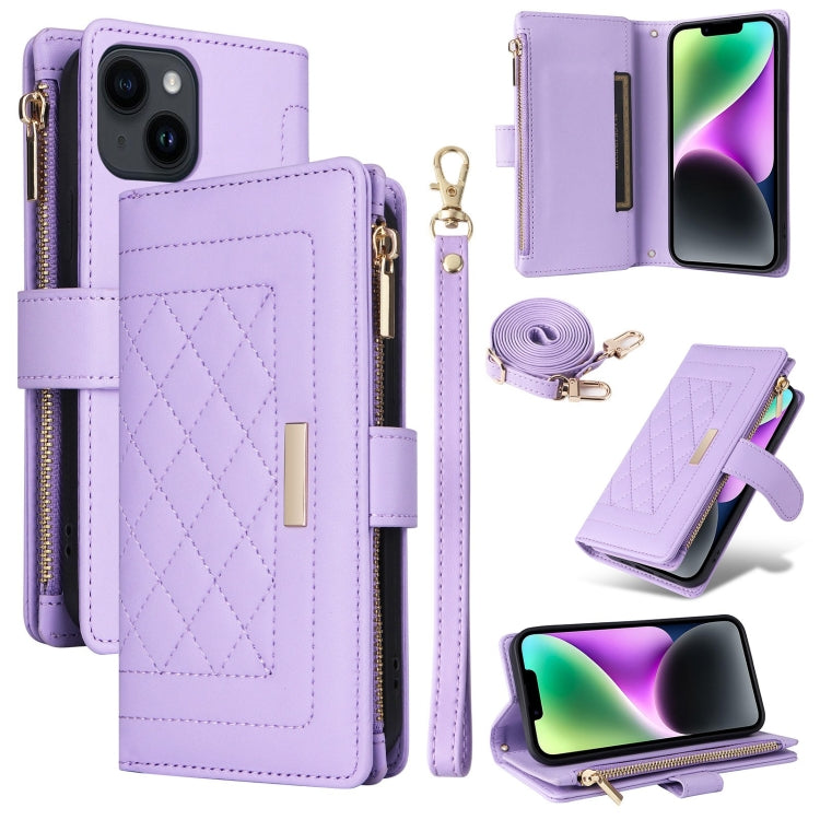 For iPhone 15 Plus / 14 Plus Crossbody Zipper Wallet Rhombus Leather Phone Case(Purple) - iPhone 15 Plus Cases by buy2fix | Online Shopping UK | buy2fix