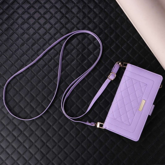 For iPhone 15 Plus / 14 Plus Crossbody Zipper Wallet Rhombus Leather Phone Case(Purple) - iPhone 15 Plus Cases by buy2fix | Online Shopping UK | buy2fix
