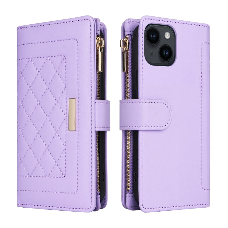 For iPhone 15 Plus / 14 Plus Crossbody Zipper Wallet Rhombus Leather Phone Case(Purple) - iPhone 15 Plus Cases by buy2fix | Online Shopping UK | buy2fix
