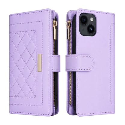 For iPhone 15 Plus / 14 Plus Crossbody Zipper Wallet Rhombus Leather Phone Case(Purple) - iPhone 15 Plus Cases by buy2fix | Online Shopping UK | buy2fix