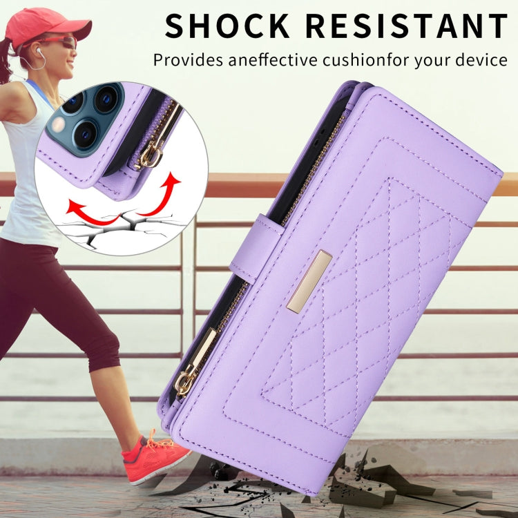 For iPhone 15 Plus / 14 Plus Crossbody Zipper Wallet Rhombus Leather Phone Case(Purple) - iPhone 15 Plus Cases by buy2fix | Online Shopping UK | buy2fix