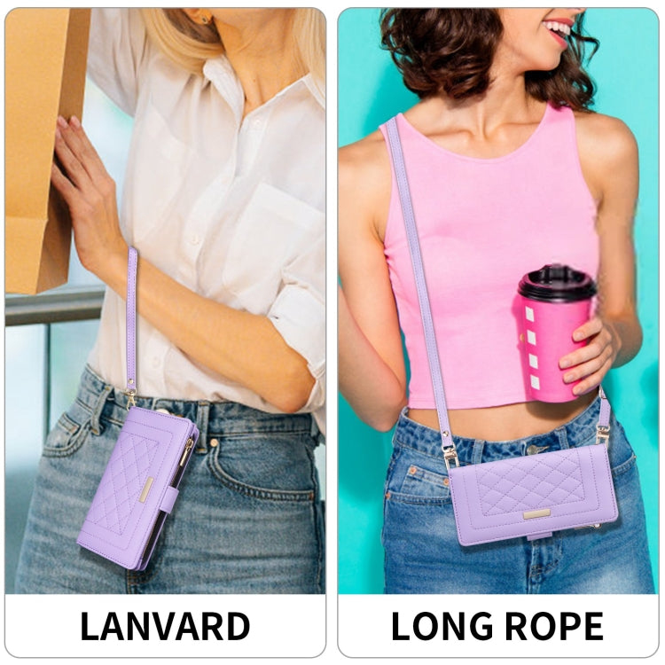 For iPhone 15 Plus / 14 Plus Crossbody Zipper Wallet Rhombus Leather Phone Case(Purple) - iPhone 15 Plus Cases by buy2fix | Online Shopping UK | buy2fix