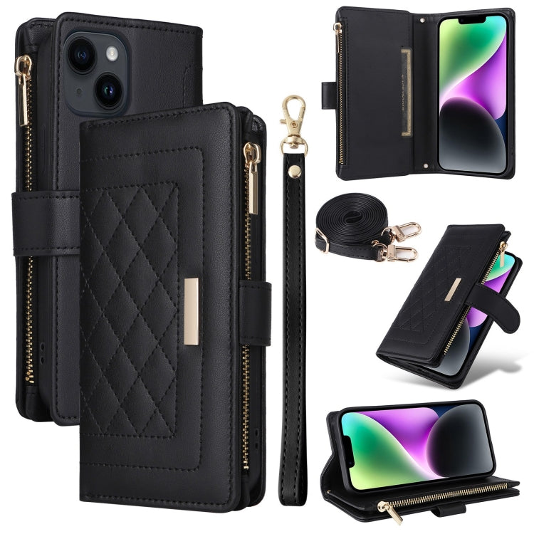 For iPhone 15 Plus / 14 Plus Crossbody Zipper Wallet Rhombus Leather Phone Case(Black) - iPhone 15 Plus Cases by buy2fix | Online Shopping UK | buy2fix