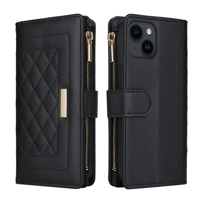 For iPhone 15 Plus / 14 Plus Crossbody Zipper Wallet Rhombus Leather Phone Case(Black) - iPhone 15 Plus Cases by buy2fix | Online Shopping UK | buy2fix
