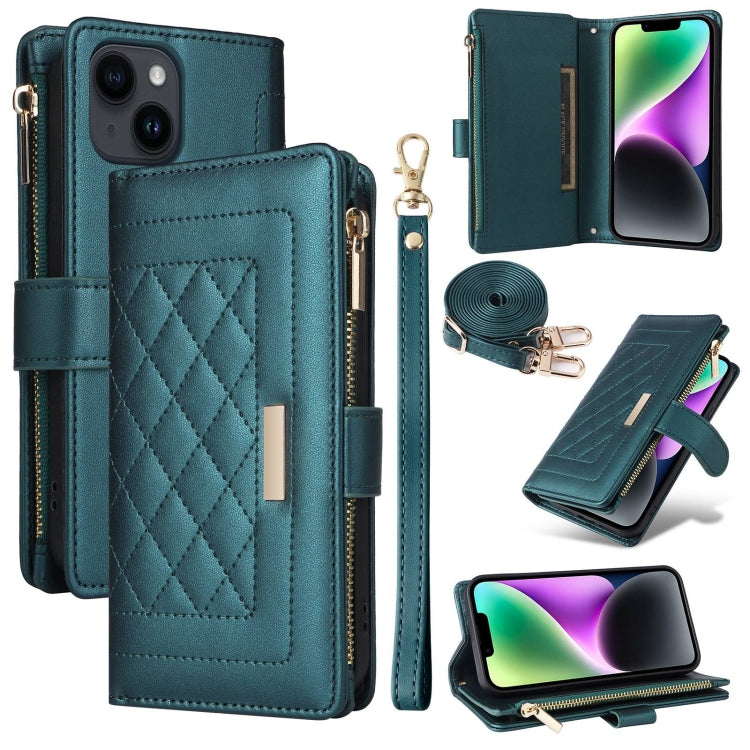 For iPhone 15 Plus / 14 Plus Crossbody Zipper Wallet Rhombus Leather Phone Case(Green) - iPhone 15 Plus Cases by buy2fix | Online Shopping UK | buy2fix