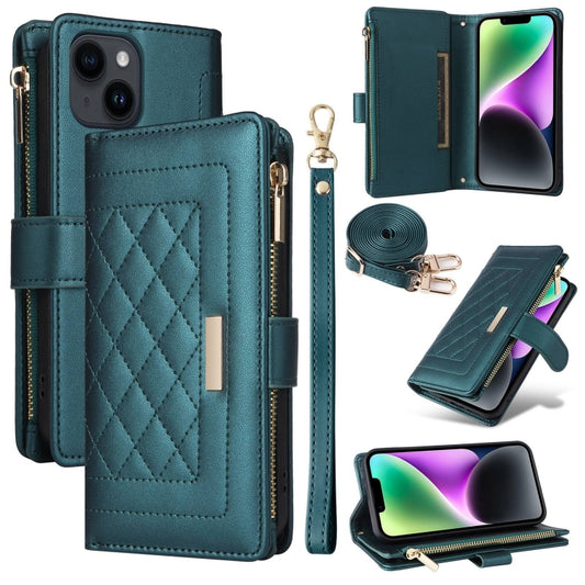 For iPhone 15 Plus / 14 Plus Crossbody Zipper Wallet Rhombus Leather Phone Case(Green) - iPhone 15 Plus Cases by buy2fix | Online Shopping UK | buy2fix